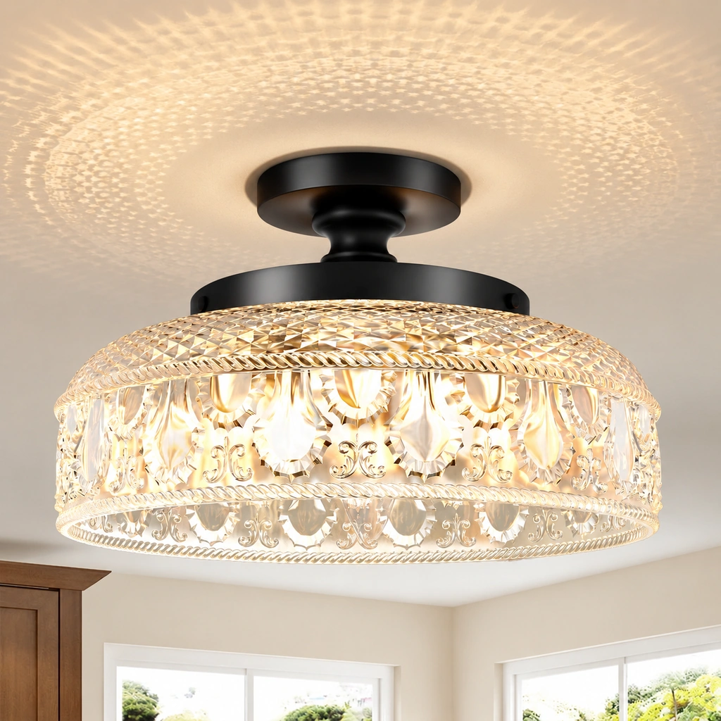 Jules ceiling light with black metal canopy and clear patterned glass shade