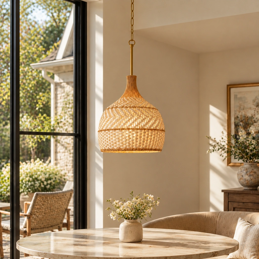 Arden rattan pendant hanging over a round table in a sunlit room