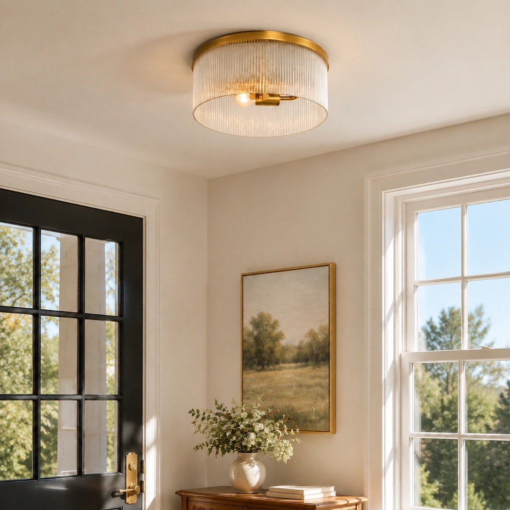 Vesper Tumbled Brass ribbed-glass flush mount lit in a bright entry
