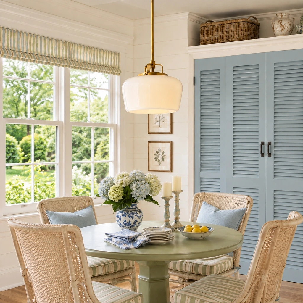 Aster milk-glass pendant hanging above a round dining table