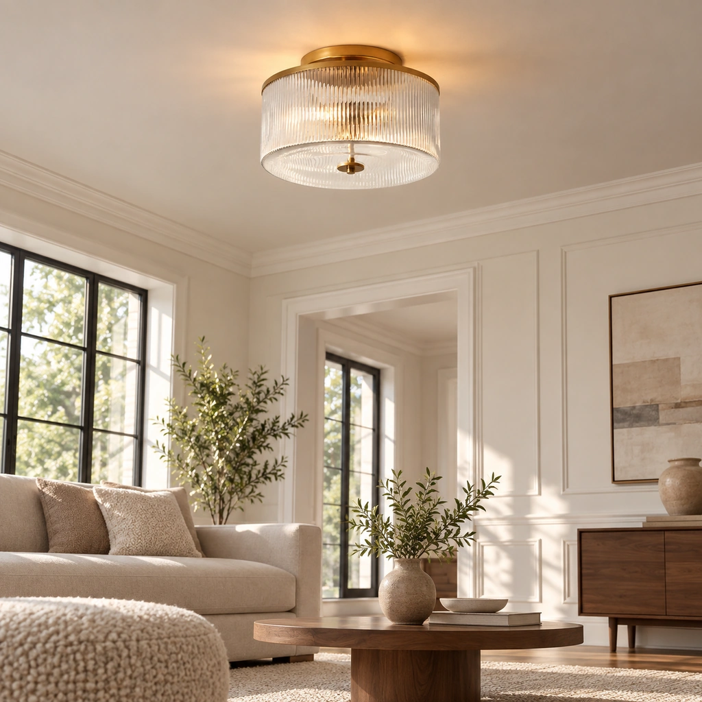 Vireo Ribbed Glass Drum Ceiling Light — scene