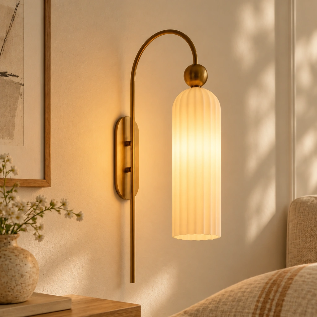 Near view of the Azura milk-glass shade where it meets the round joint and gold arched arm, lit with a warm glow