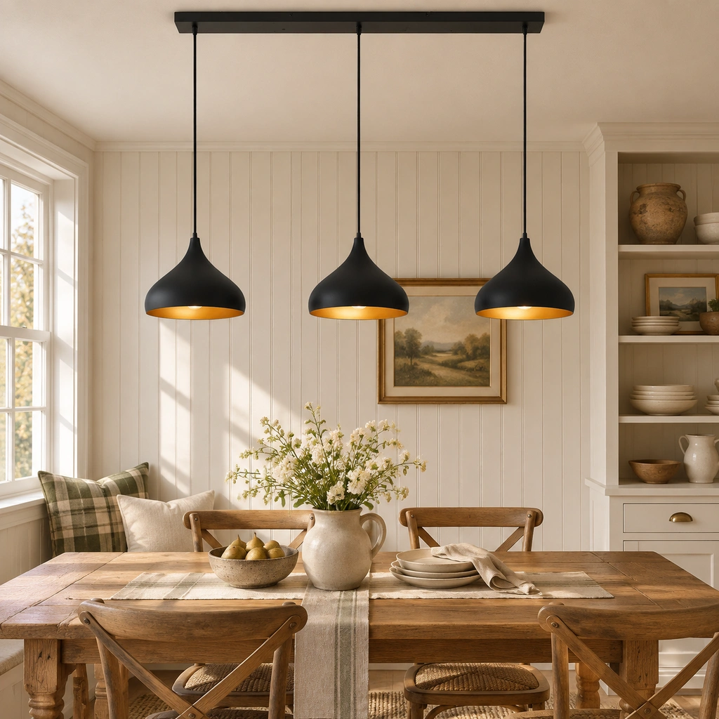 Elarionis black pendant light in a sunlit breakfast room