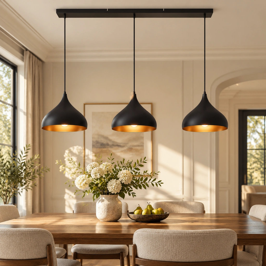 Elarionis black pendant light above a warm American dining table