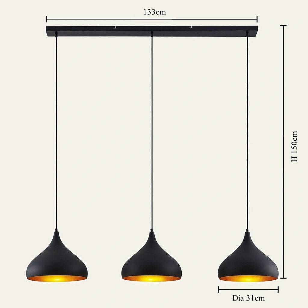 Elarionis pendant dimensions: 133 cm canopy, 150 cm drop and 31 cm shades