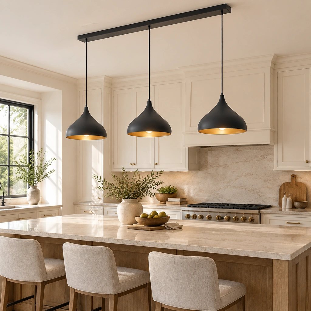 Elarionis three-light pendant above a bright kitchen island