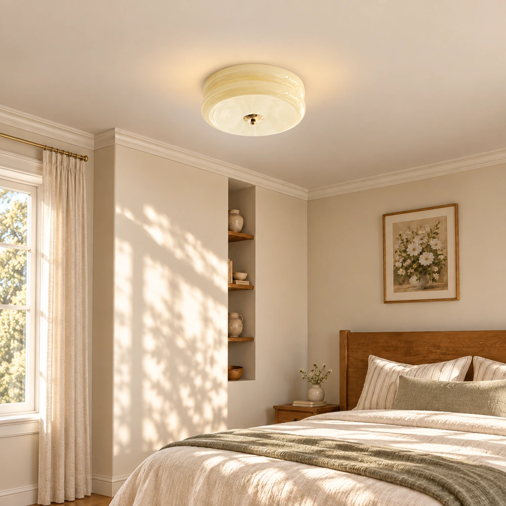 Plafon Lea bege e dourado num quarto de h&oacute;spedes luminoso