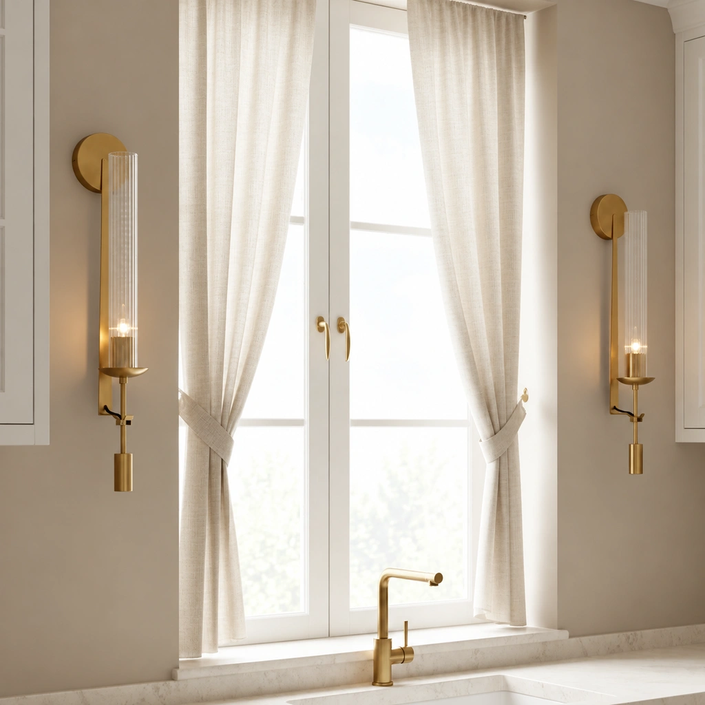 Pair of wall sconces around a bright window
