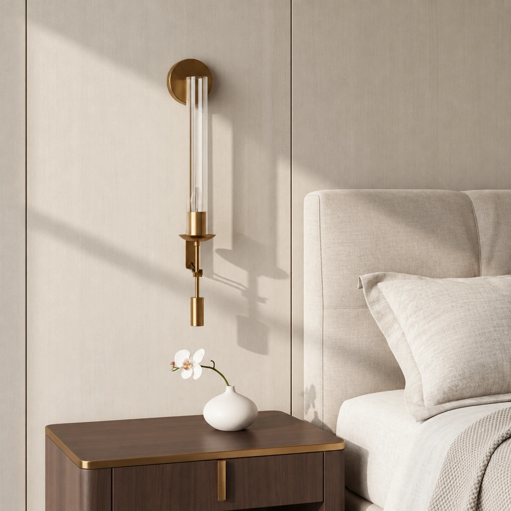 Single brass wall sconce beside a bed