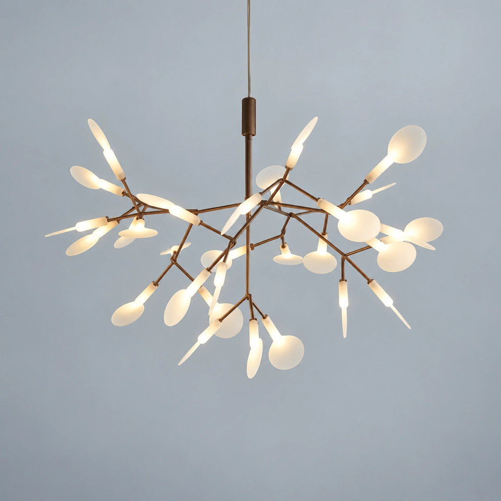 Lampadario Elio in finitura oro rosa su sfondo blu freddo