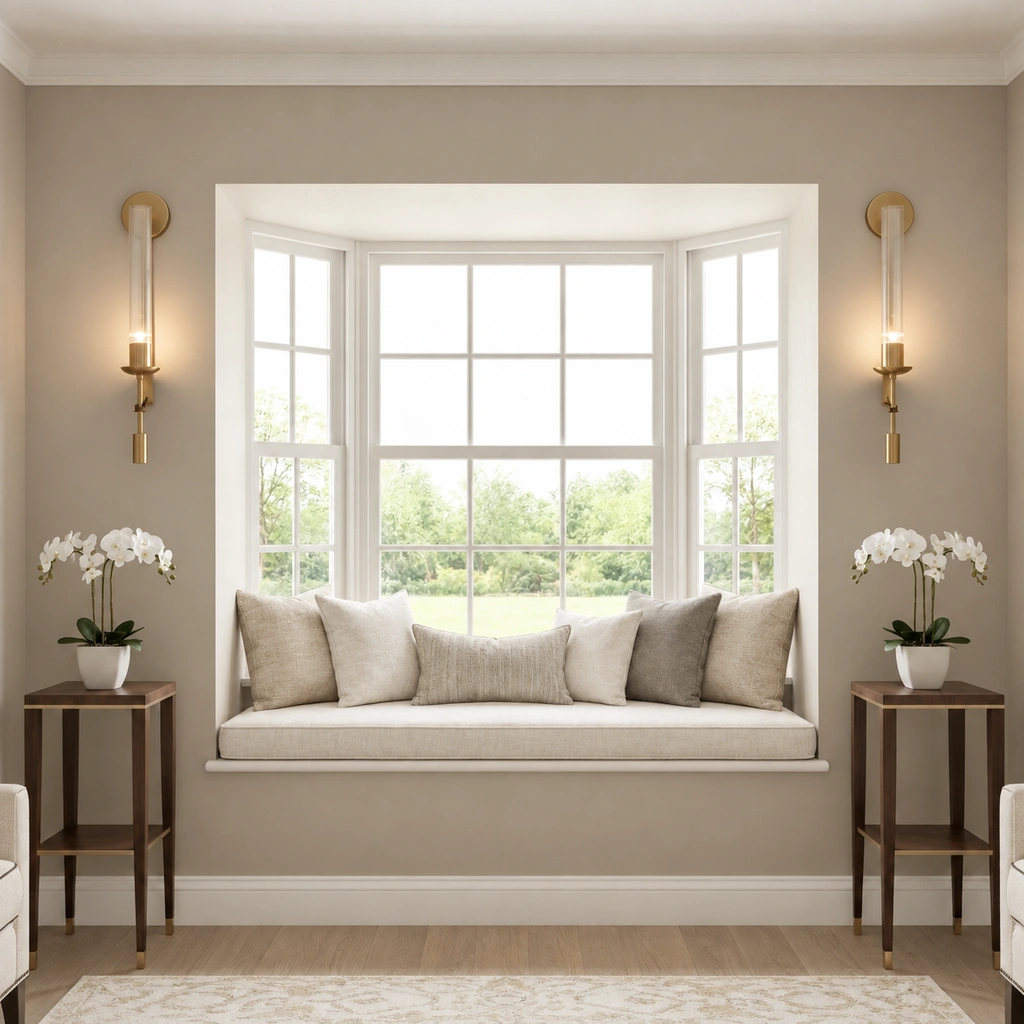 Pair of wall sconces at a symmetrical window seat