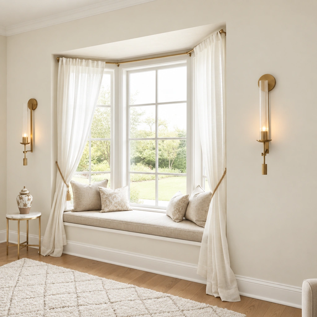 Wall sconce beside a bay window seat
