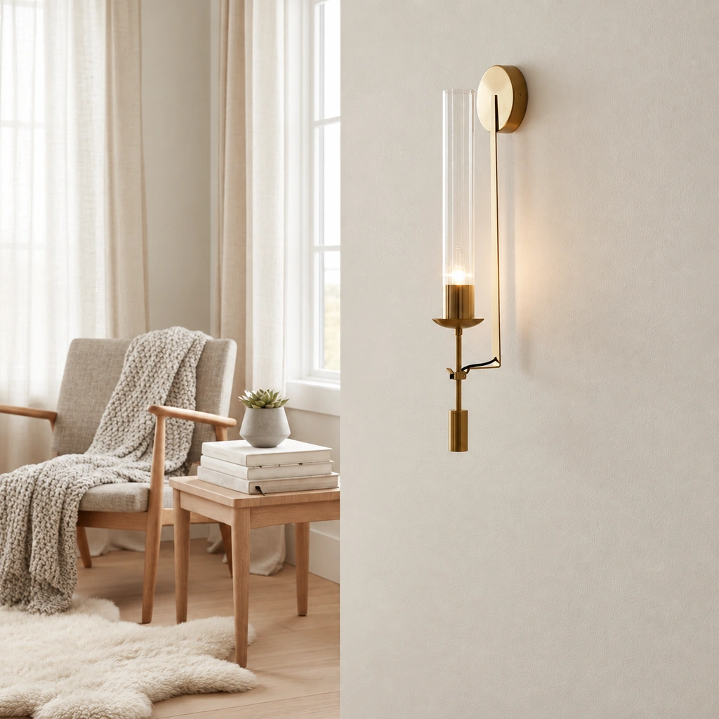 Brass wall sconce in a linen reading nook