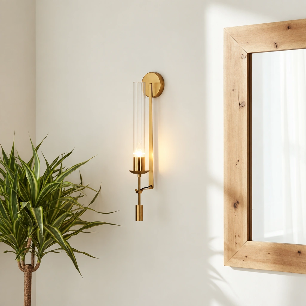 Brass wall sconce beside a pale oak mirror