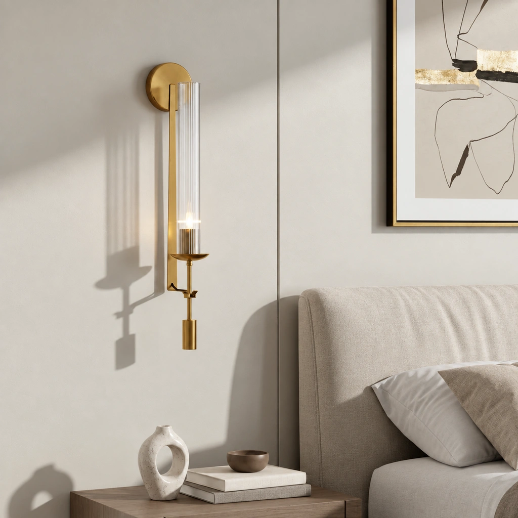 Brass wall sconce beside a linen sofa
