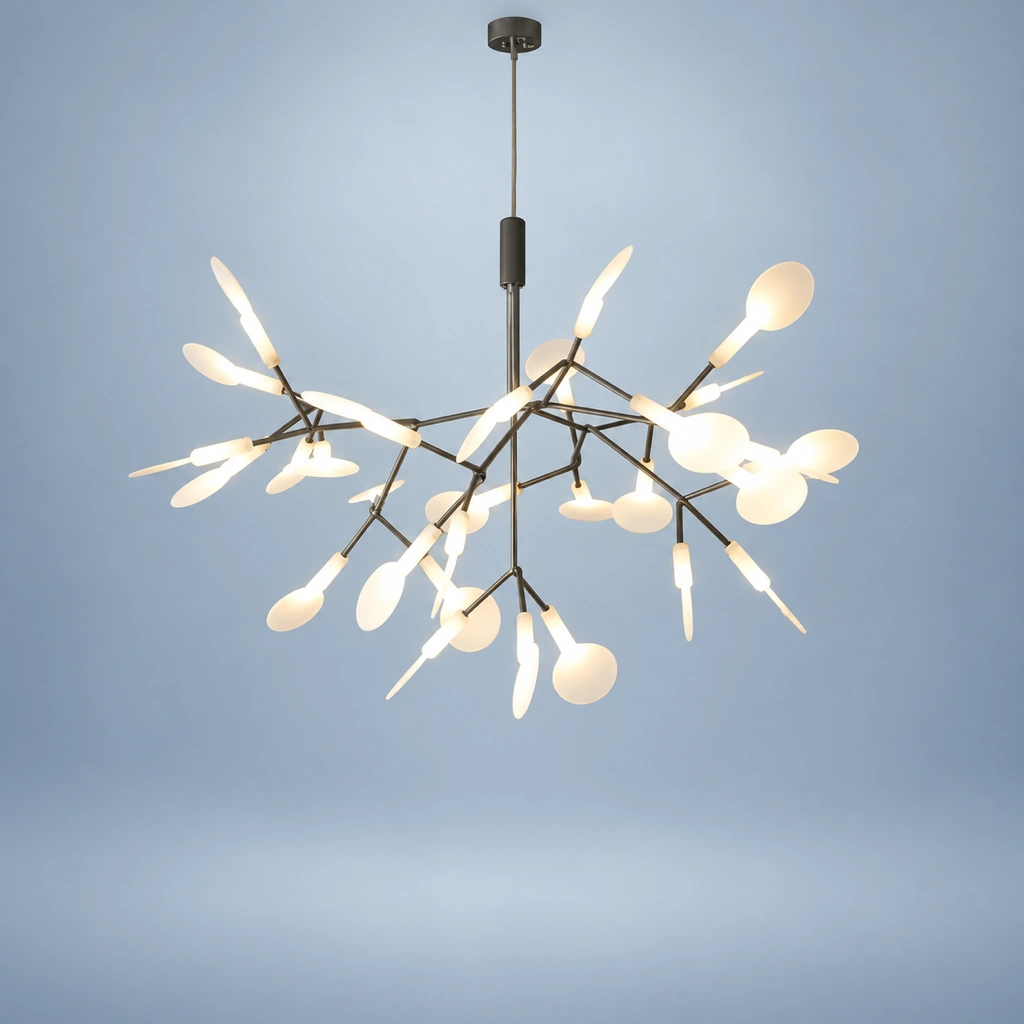 Lampadario Elio in finitura nera su sfondo blu freddo