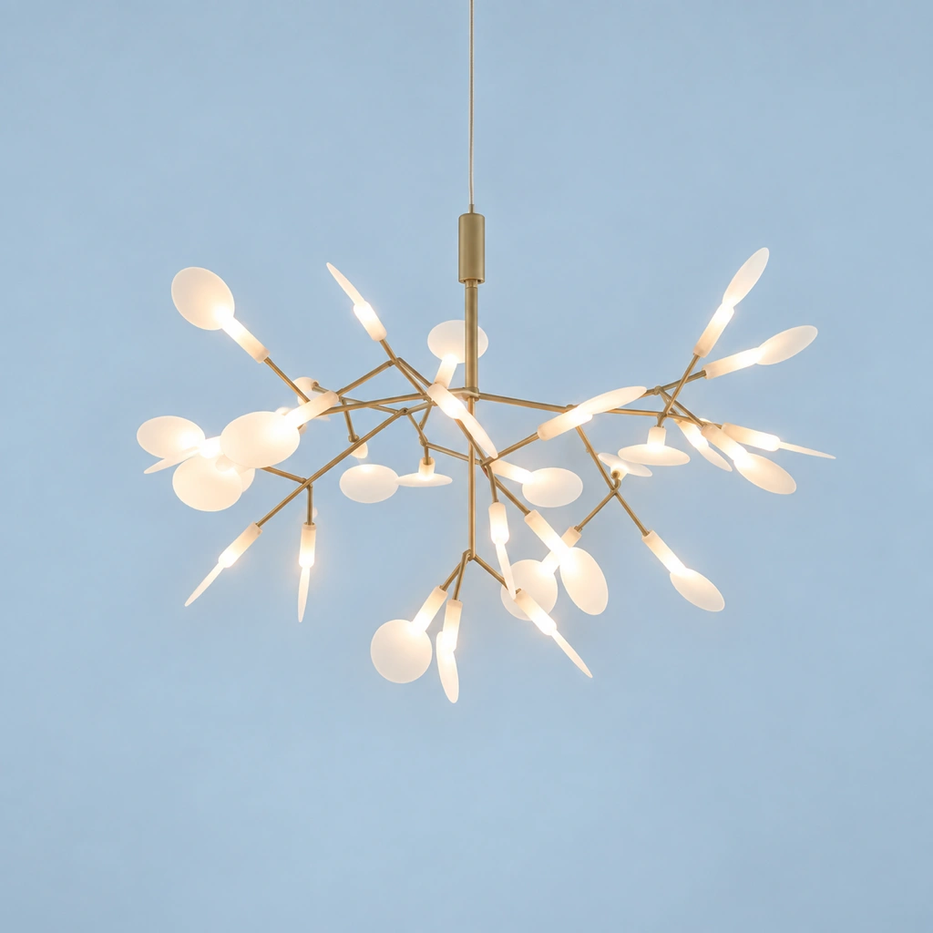 Lampadario Elio in finitura oro su sfondo blu freddo