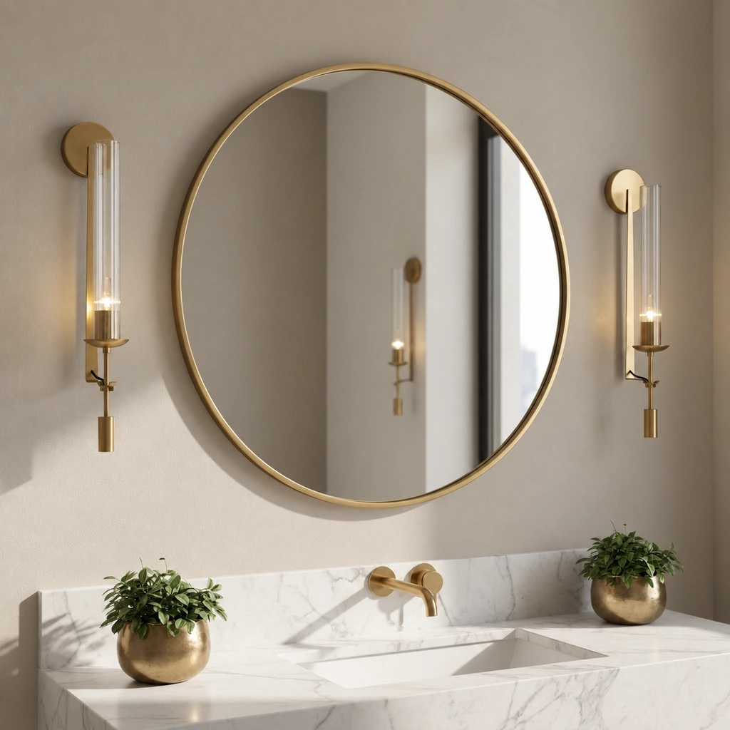 Two brass wall sconces around a round mirror