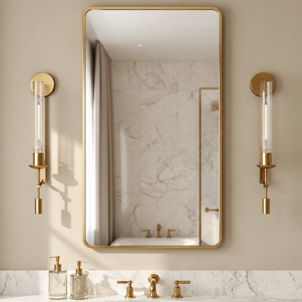 Pair of wall sconces around a rectangular bathroom mirror