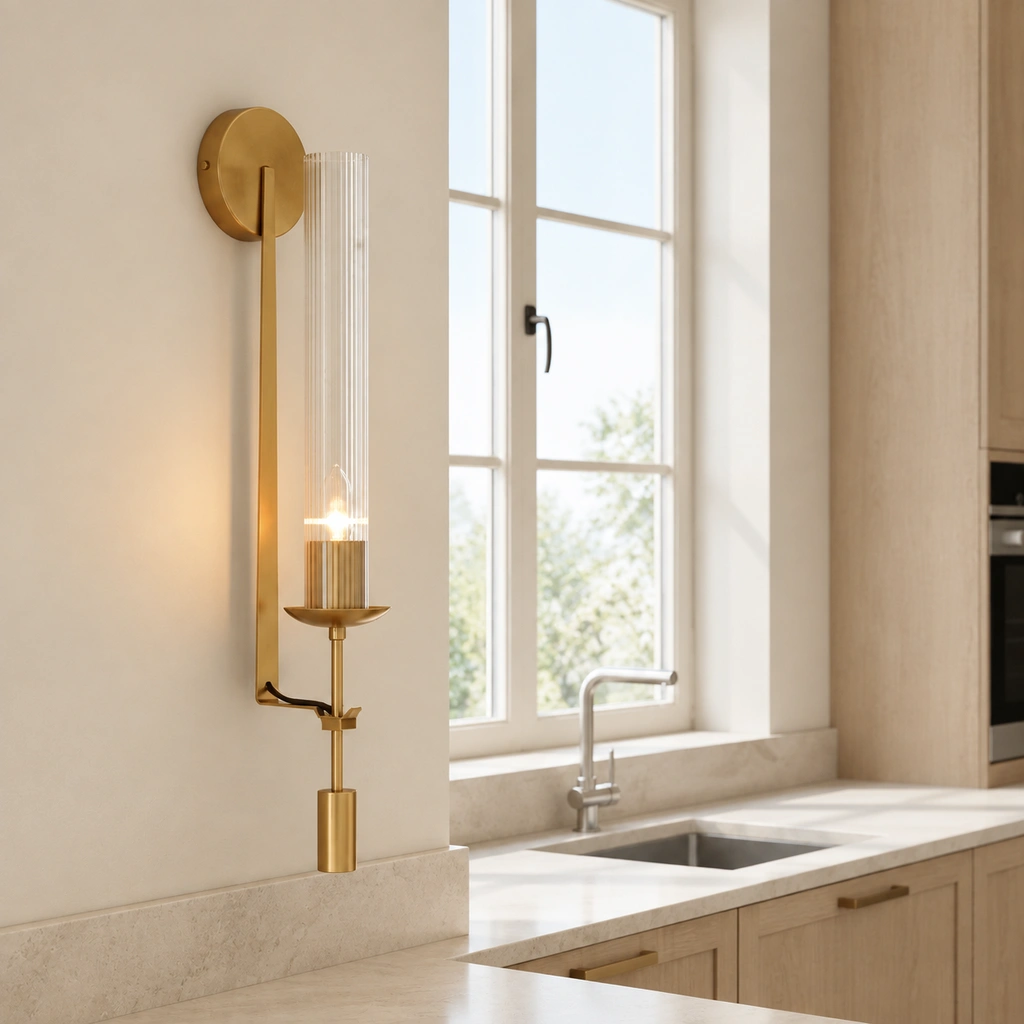 Single wall sconce beside a kitchen window
