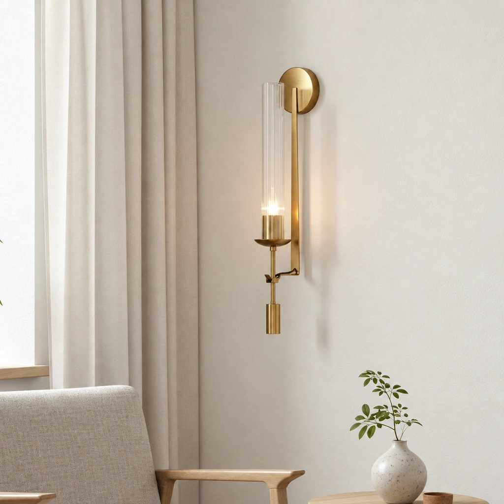 Jerry brass wall sconce with ribbed glass in a bright living room