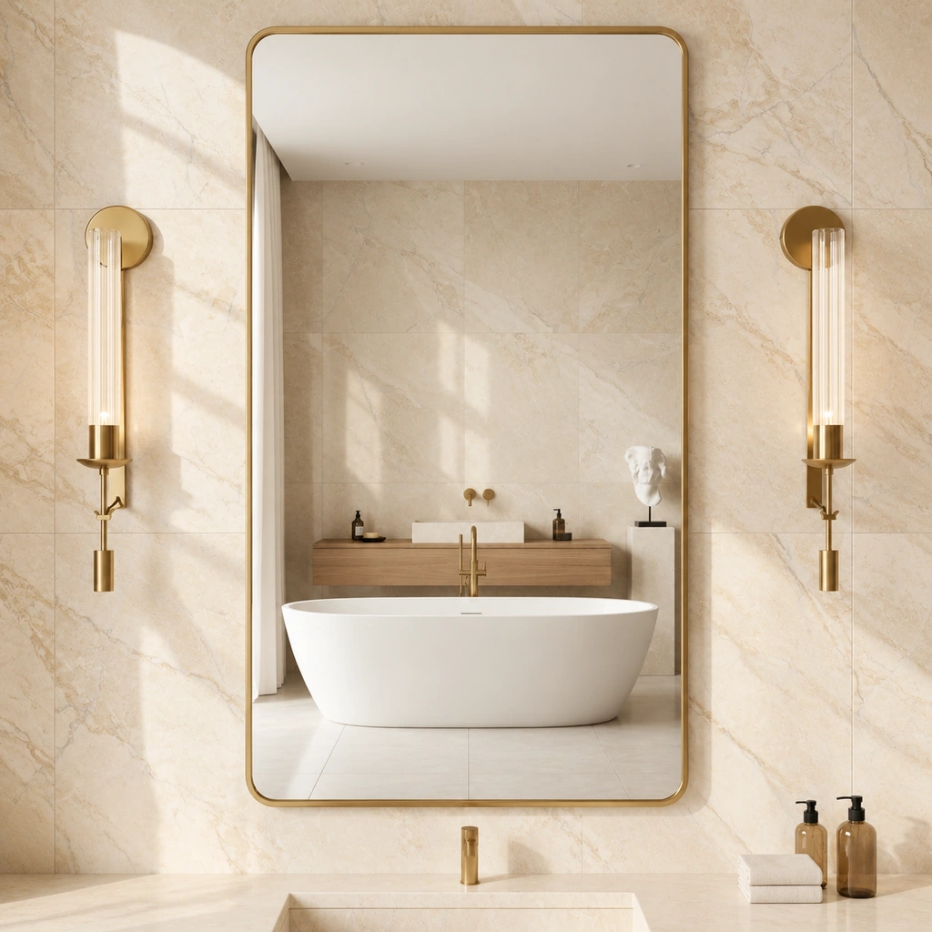 Pair of wall sconces in a marble bathroom