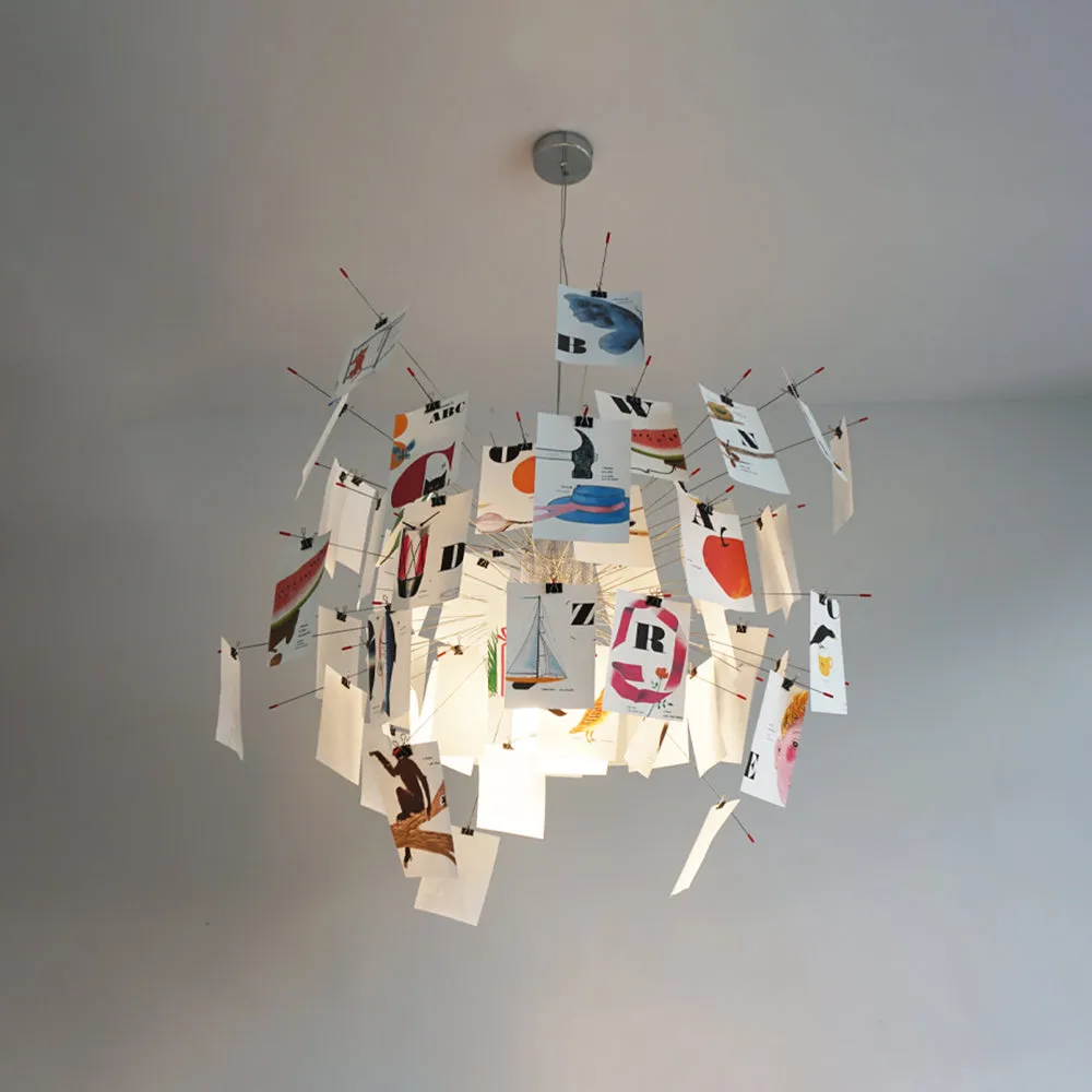 Installed Zettel’z postcard pendant light with a colorful paper display