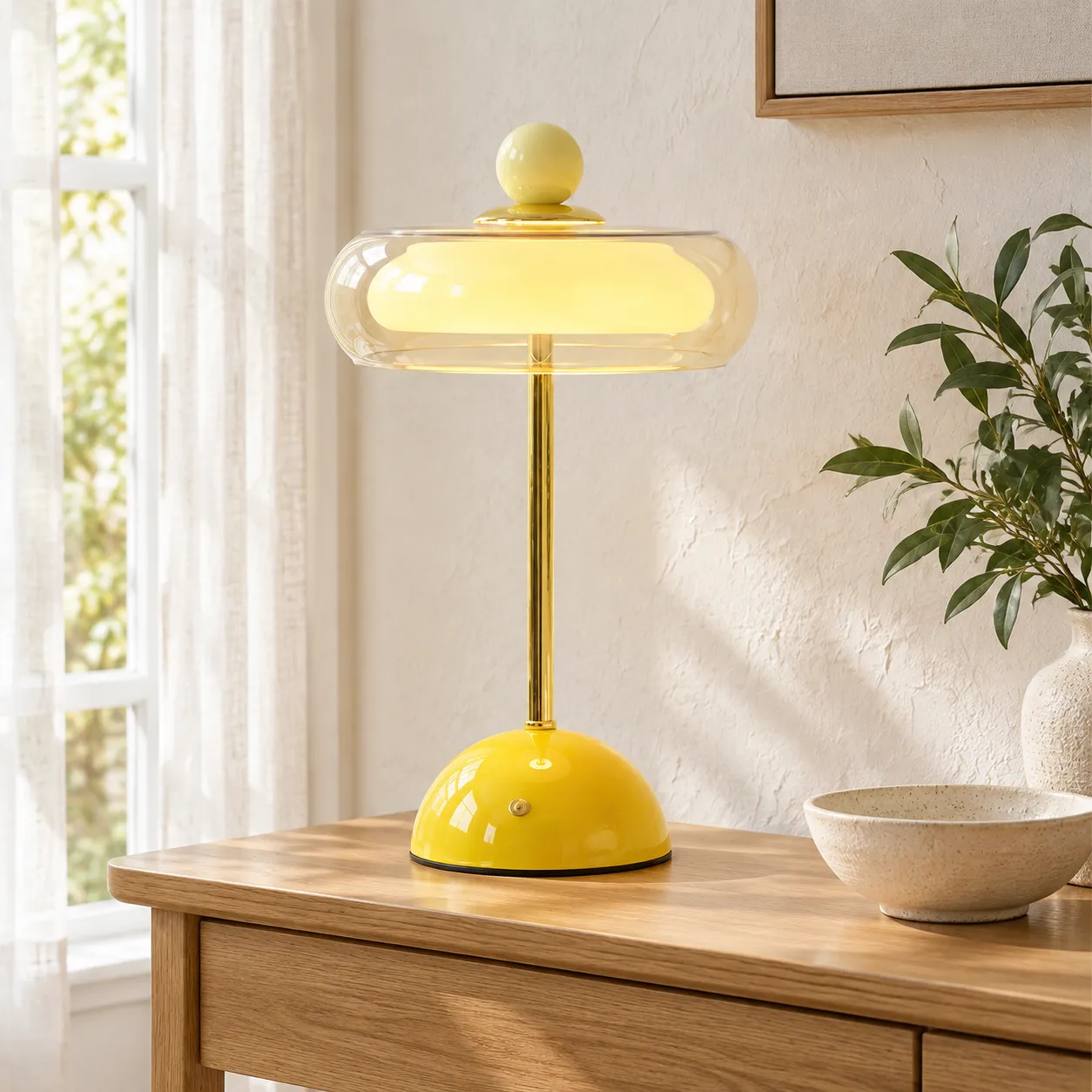 Eine sehr farbenfrohe Glas-Touch-Tischlampe, gelbe Wintergartenszene