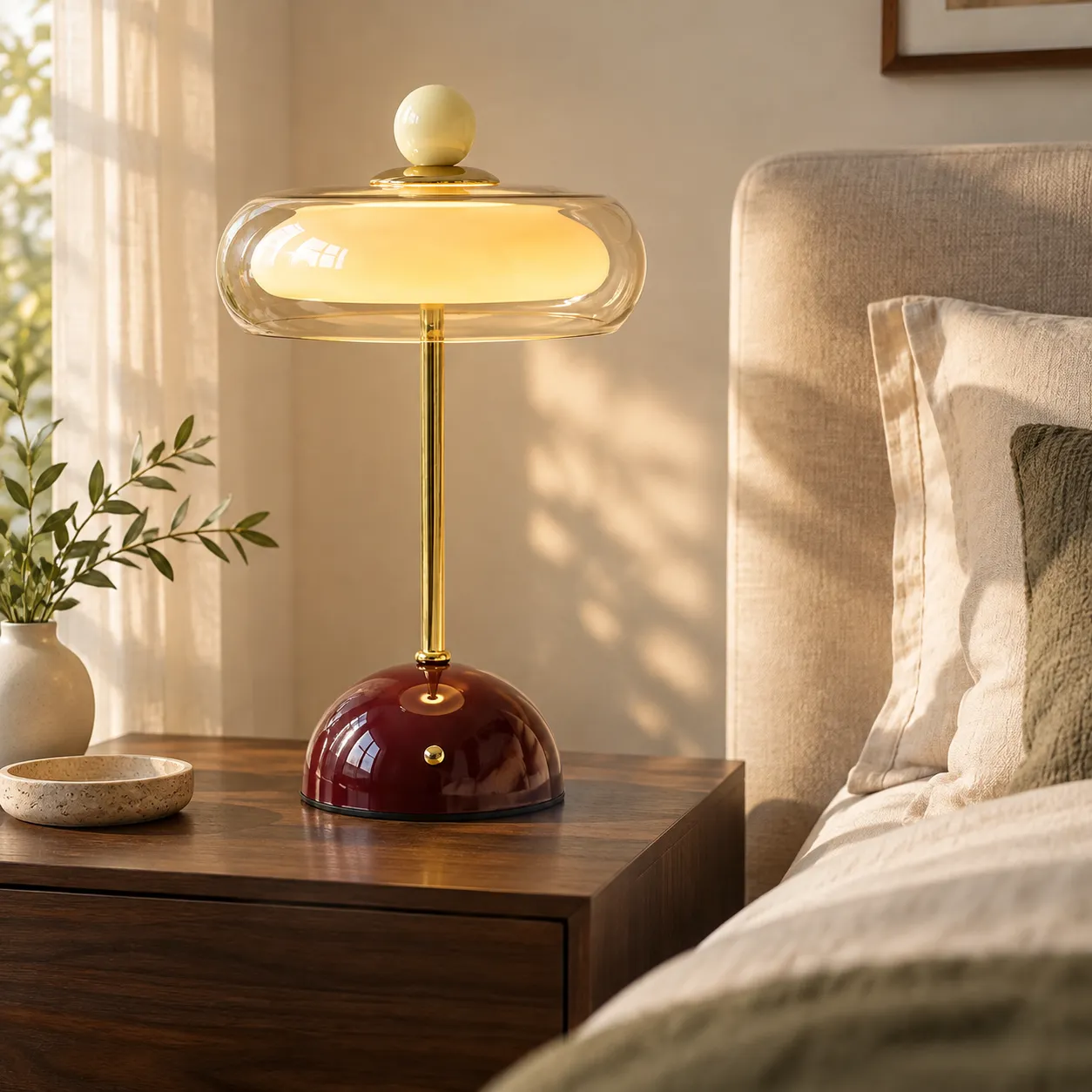 Eine farbenfrohe Glas-Touch-Tischlampe, burgunderrote Schlafzimmerszene