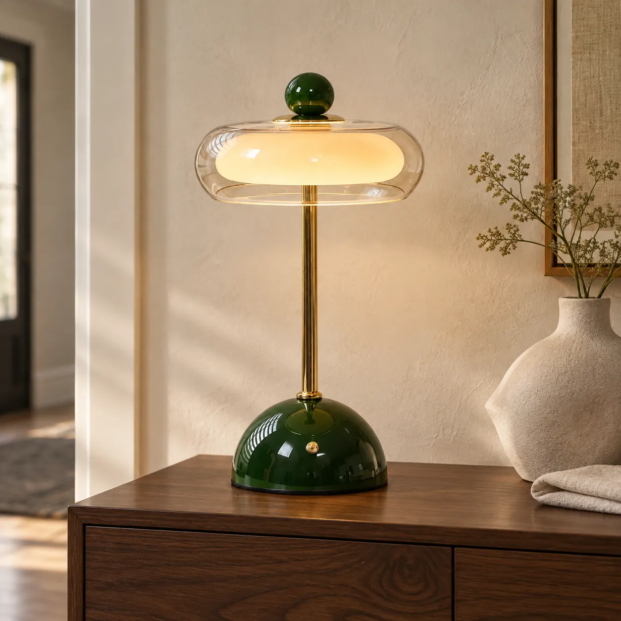 Eine sehr farbenfrohe Glas-Touch-Tischlampe, grüne Flurszene