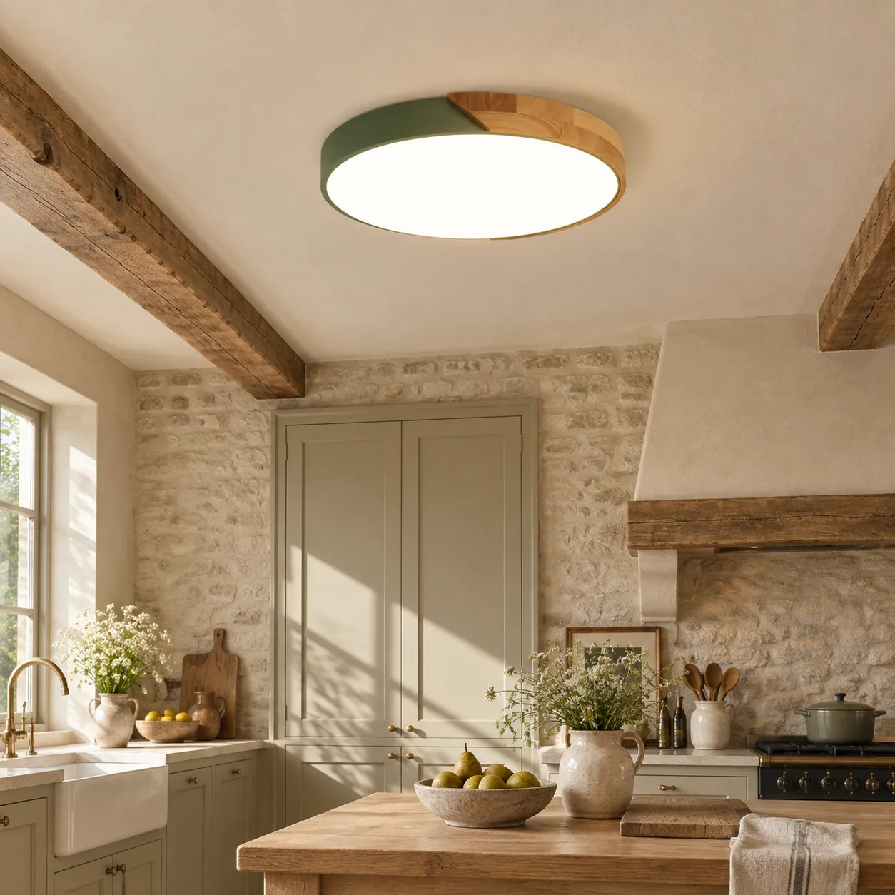 Plafonnier LED rond vert avec accent bois dans une cuisine de campagne française