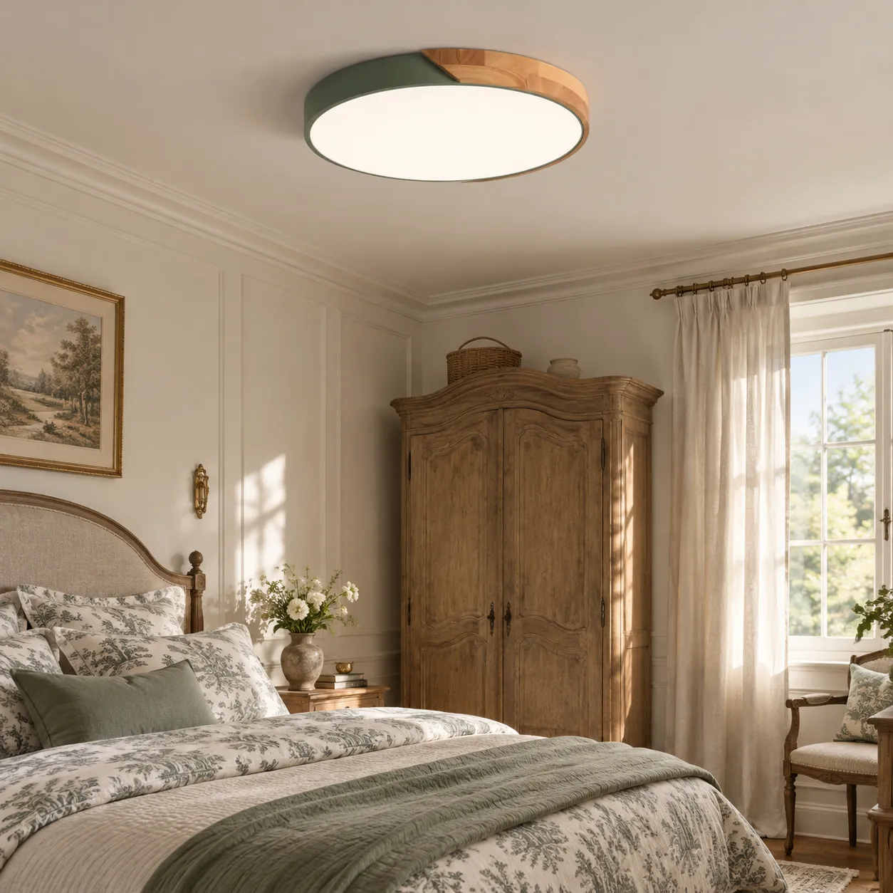 Plafonnier rond vert dans une chambre campagne française avec linge de lit à motifs et meubles en bois sculpté