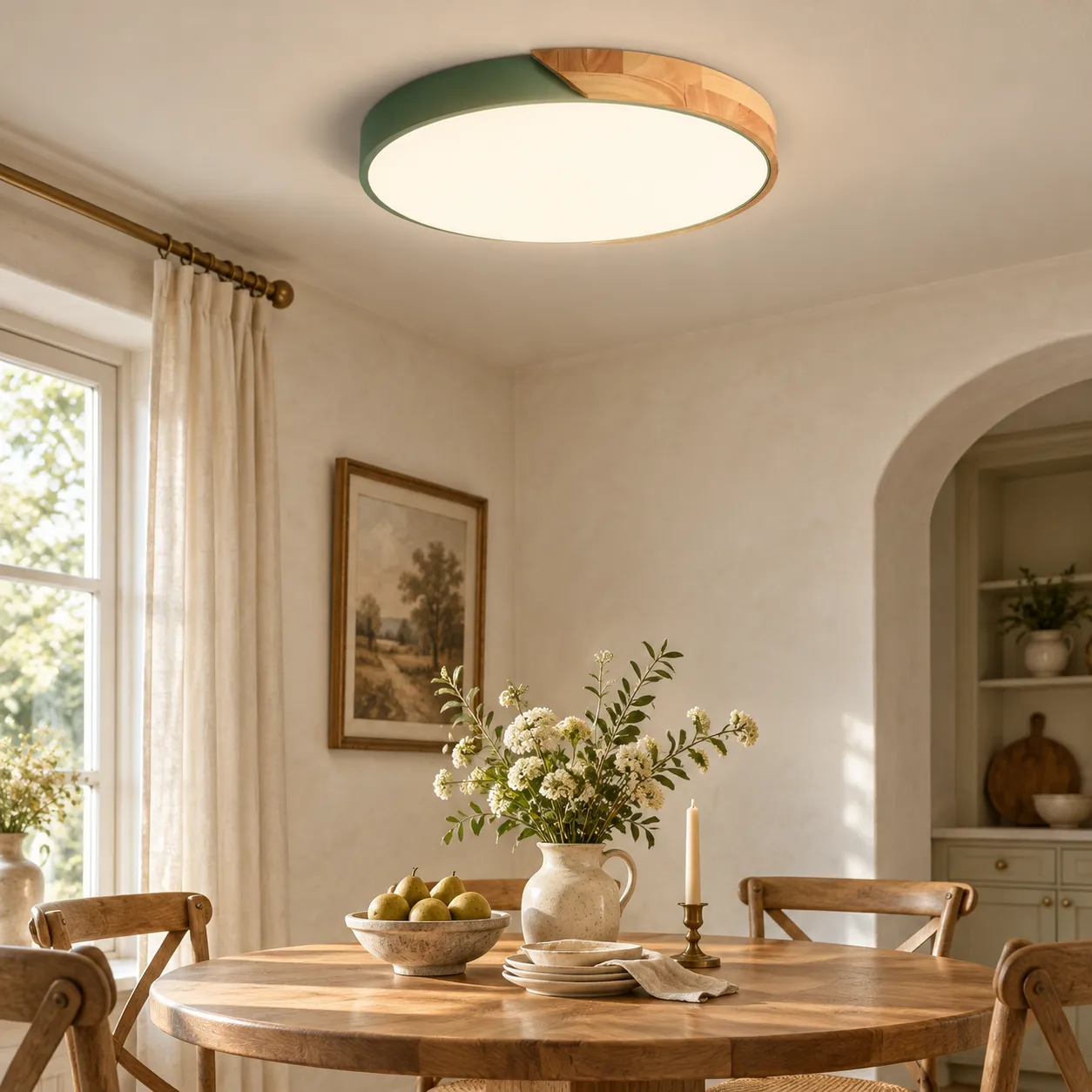 Plafonnier rond vert dans un coin repas campagne française avec rideaux en lin et table en chêne