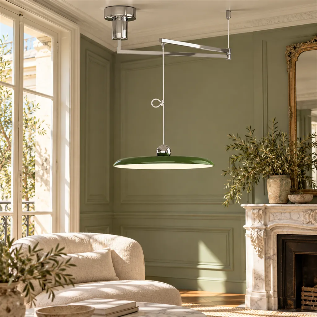 Chrome and green adjustable swing-arm pendant in a French salon