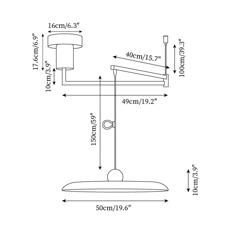 50 cm diameter modern adjustable swing-arm pendant dimensions diagram