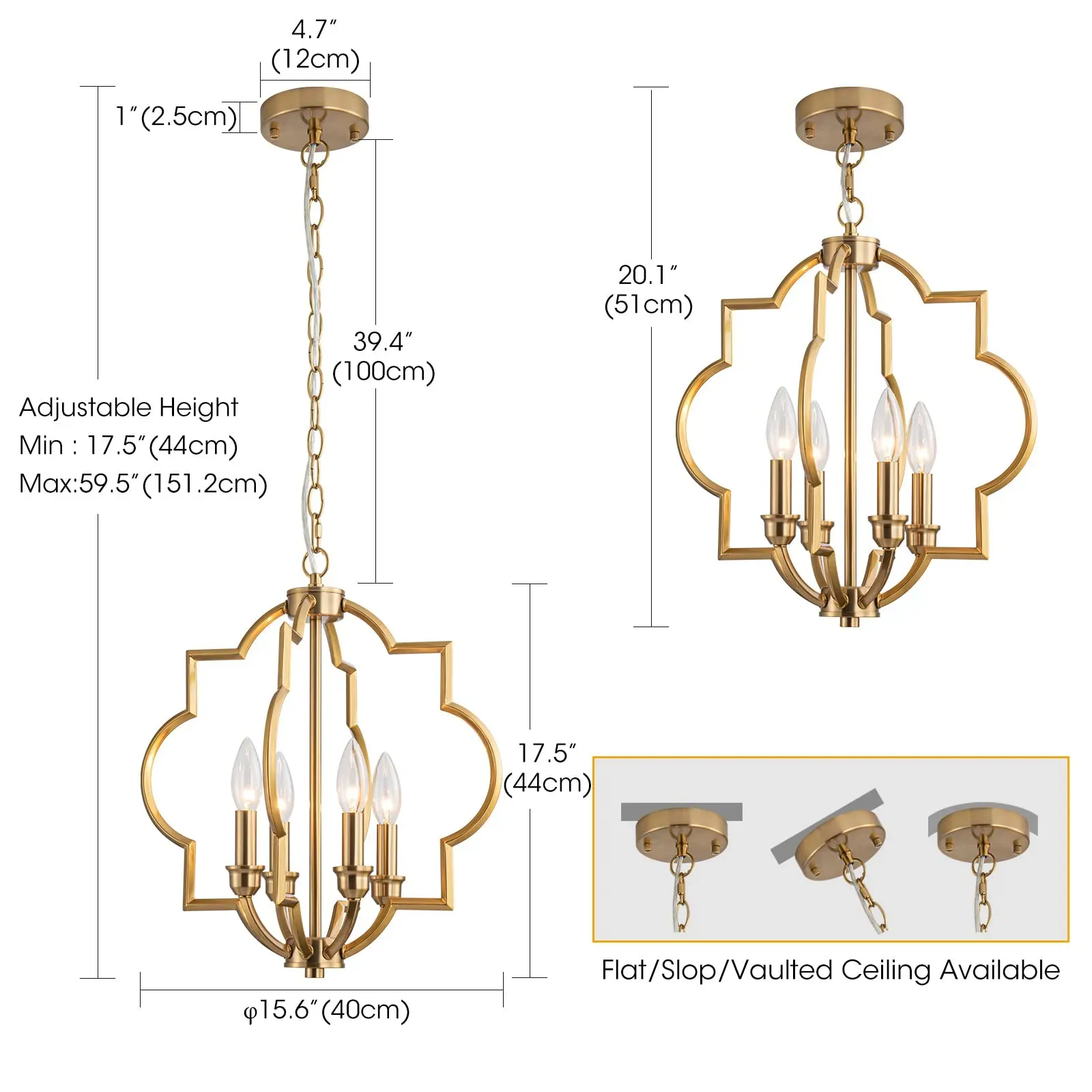 Tabela de dimensões com acabamento dourado para o lustre de esfera estilo fazenda.