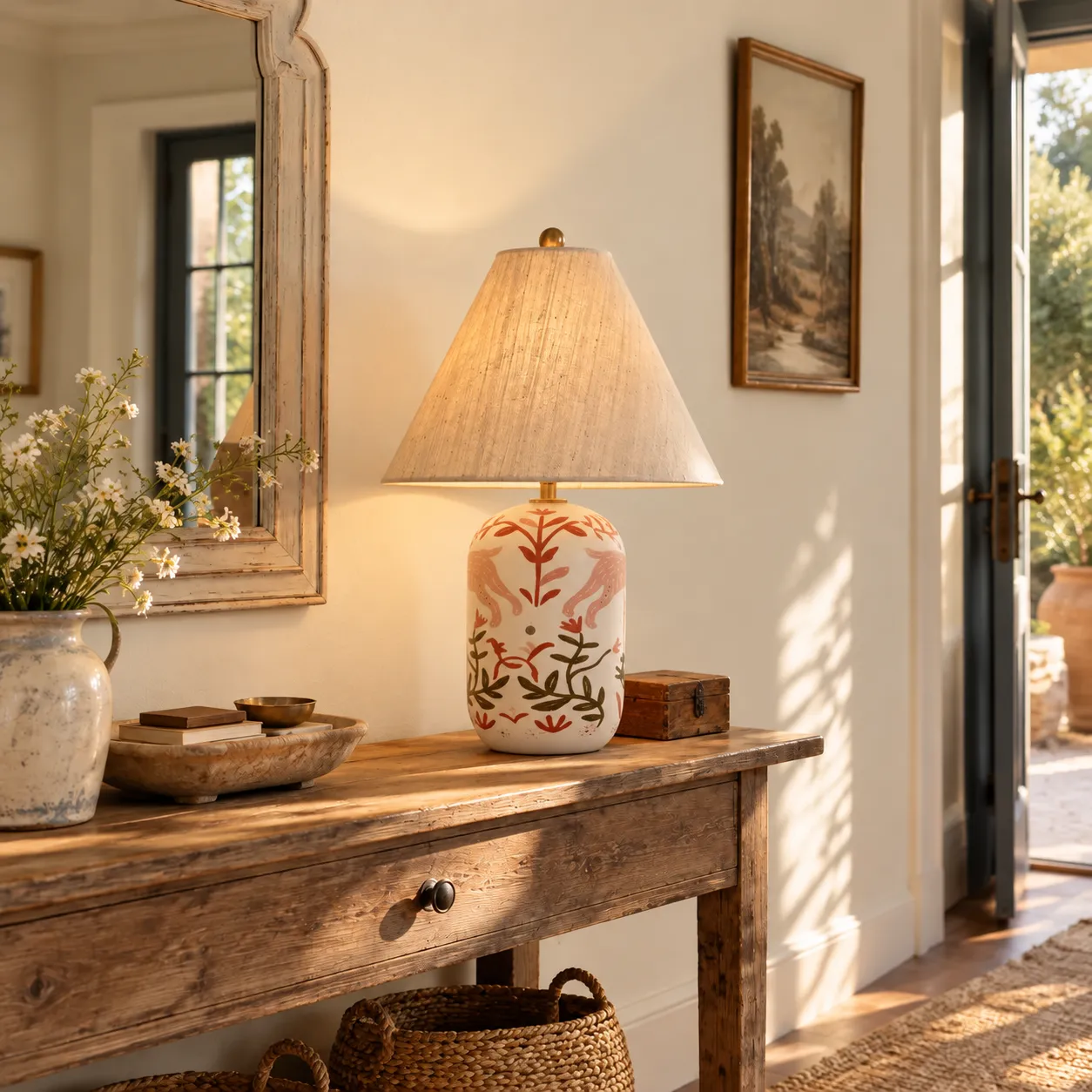 Lampada da tavolo Plabo su una consolle rustica in un ingresso country francese illuminato dal sole