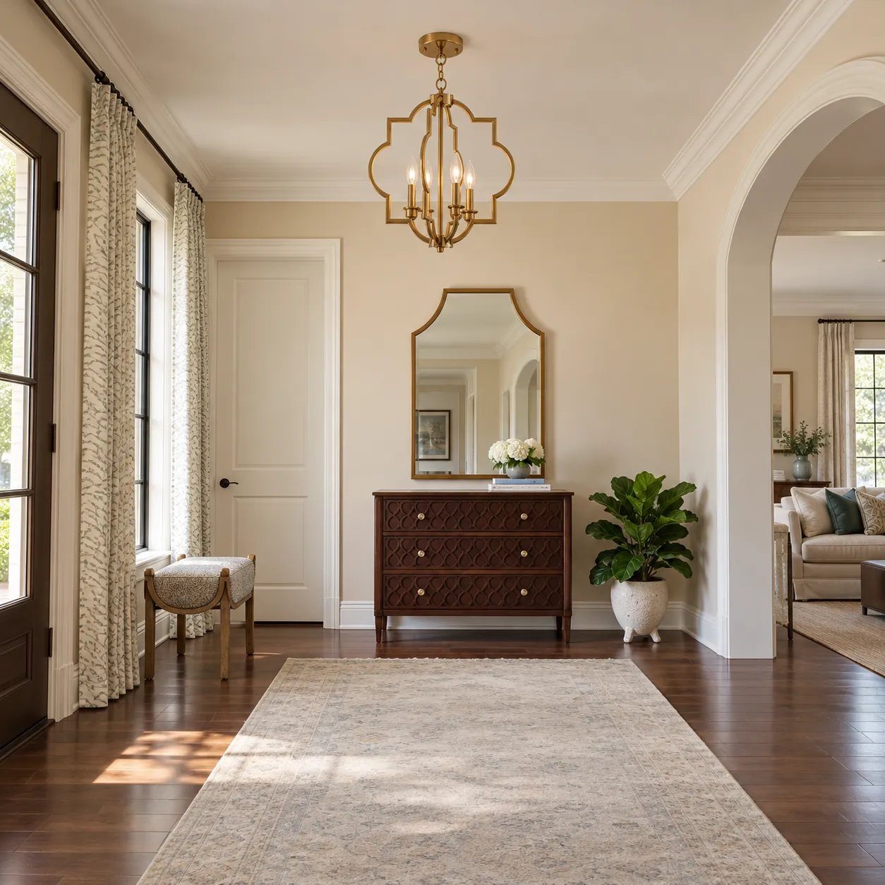 Lustre dourado em formato de esfera, estilo casa de campo, instalado em um hall de entrada iluminado.