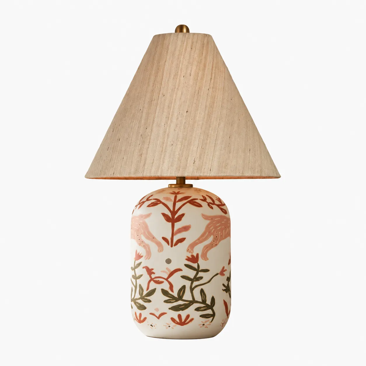 Lampada da tavolo Plabo in ceramica e lino con base rosa a motivi botanici