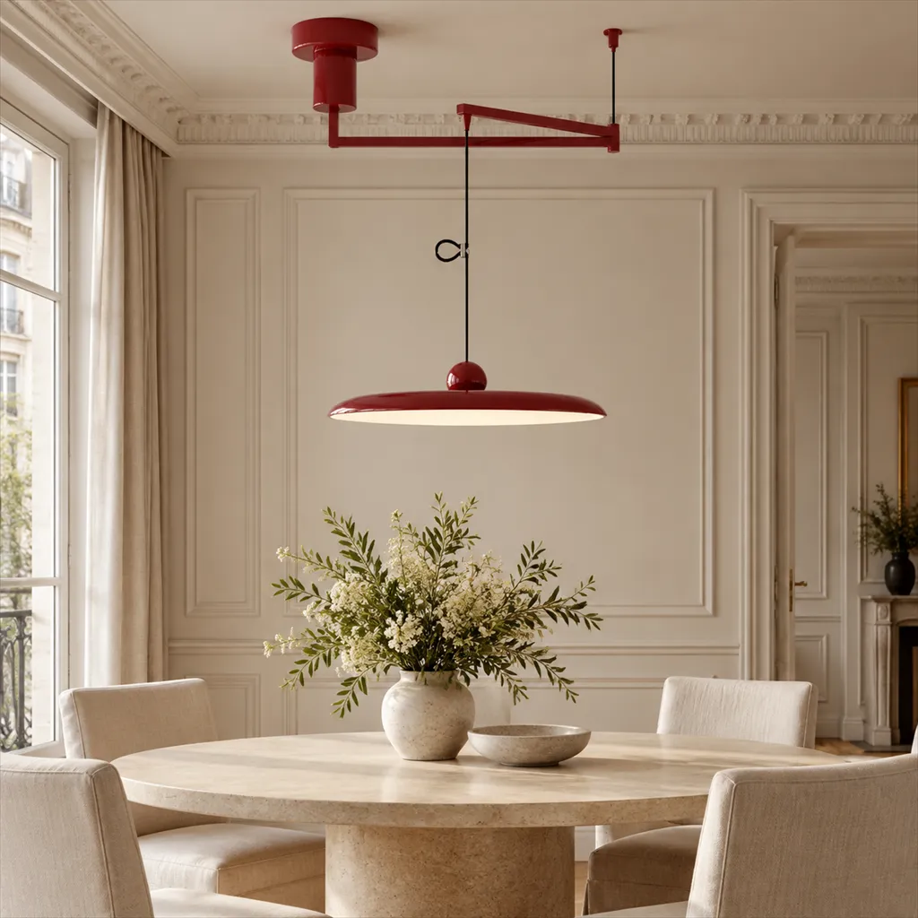 Red modern adjustable swing-arm pendant above a French dining table