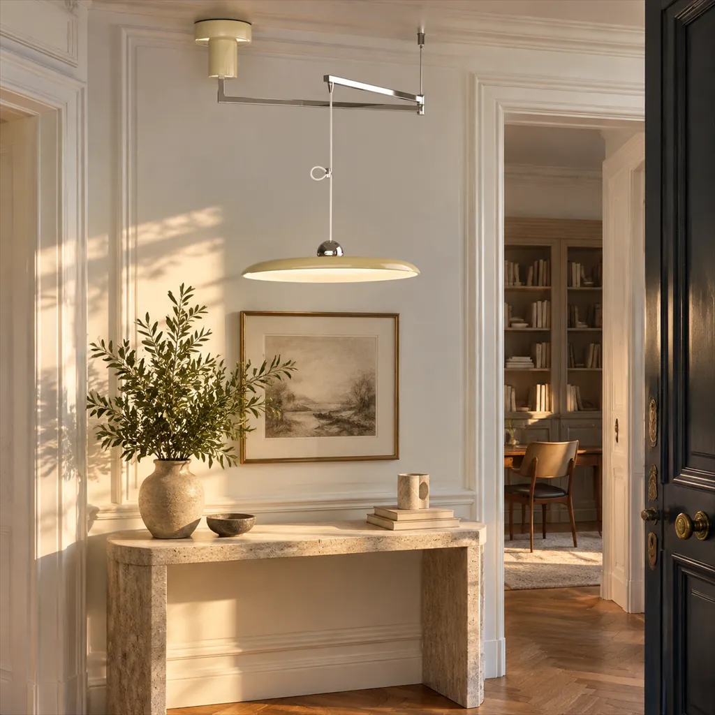 Chrome and beige adjustable swing-arm pendant in a French entry study