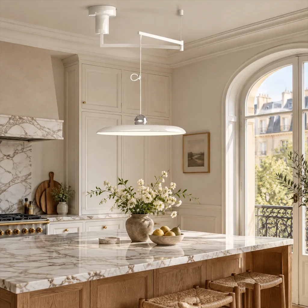 White adjustable swing-arm pendant in a bright French kitchen
