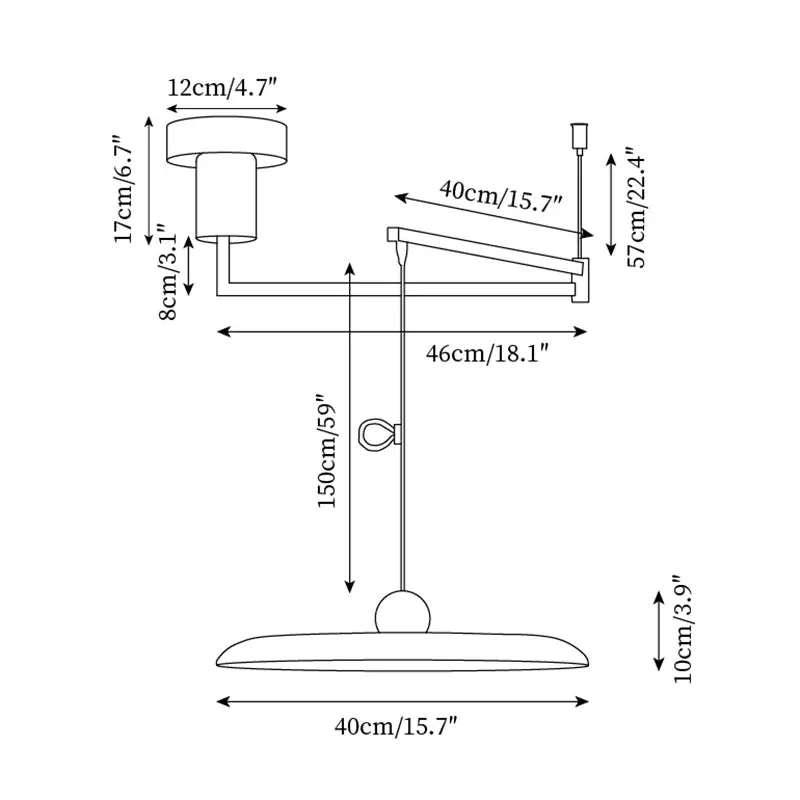 40 cm diameter modern adjustable swing-arm pendant dimensions diagram