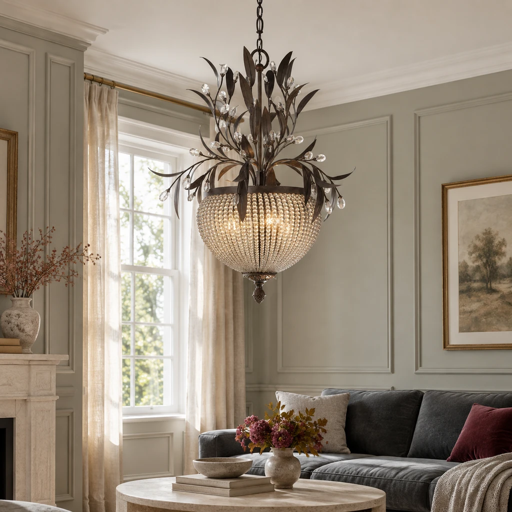 Celeste chandelier in a sage-gray paneled living room