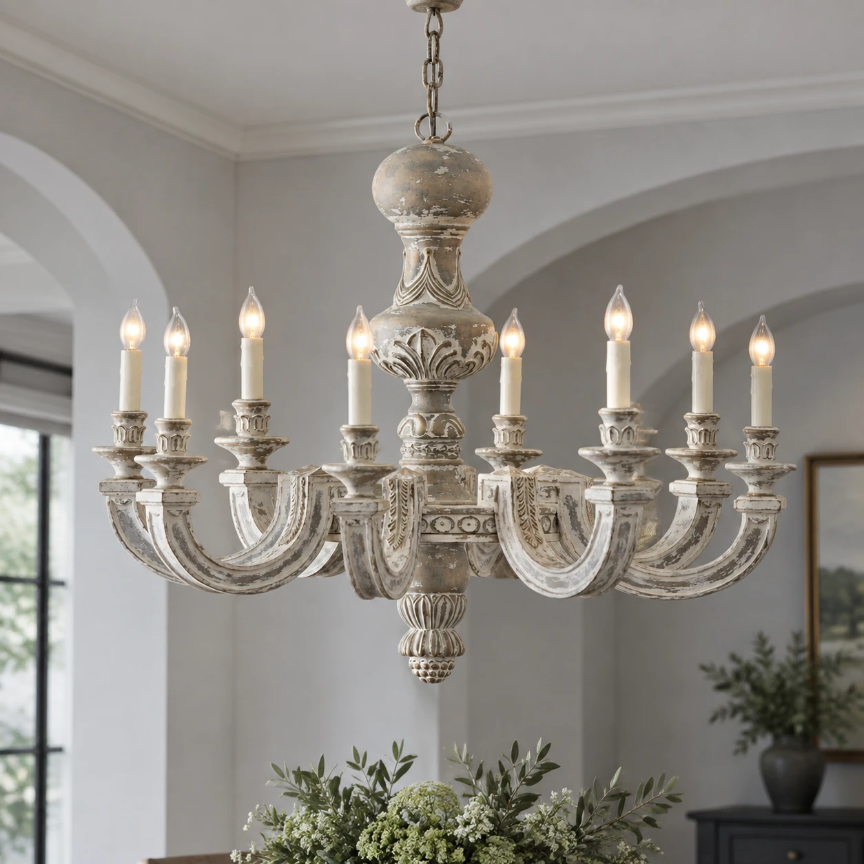 Eight-light distressed wood chandelier core hero