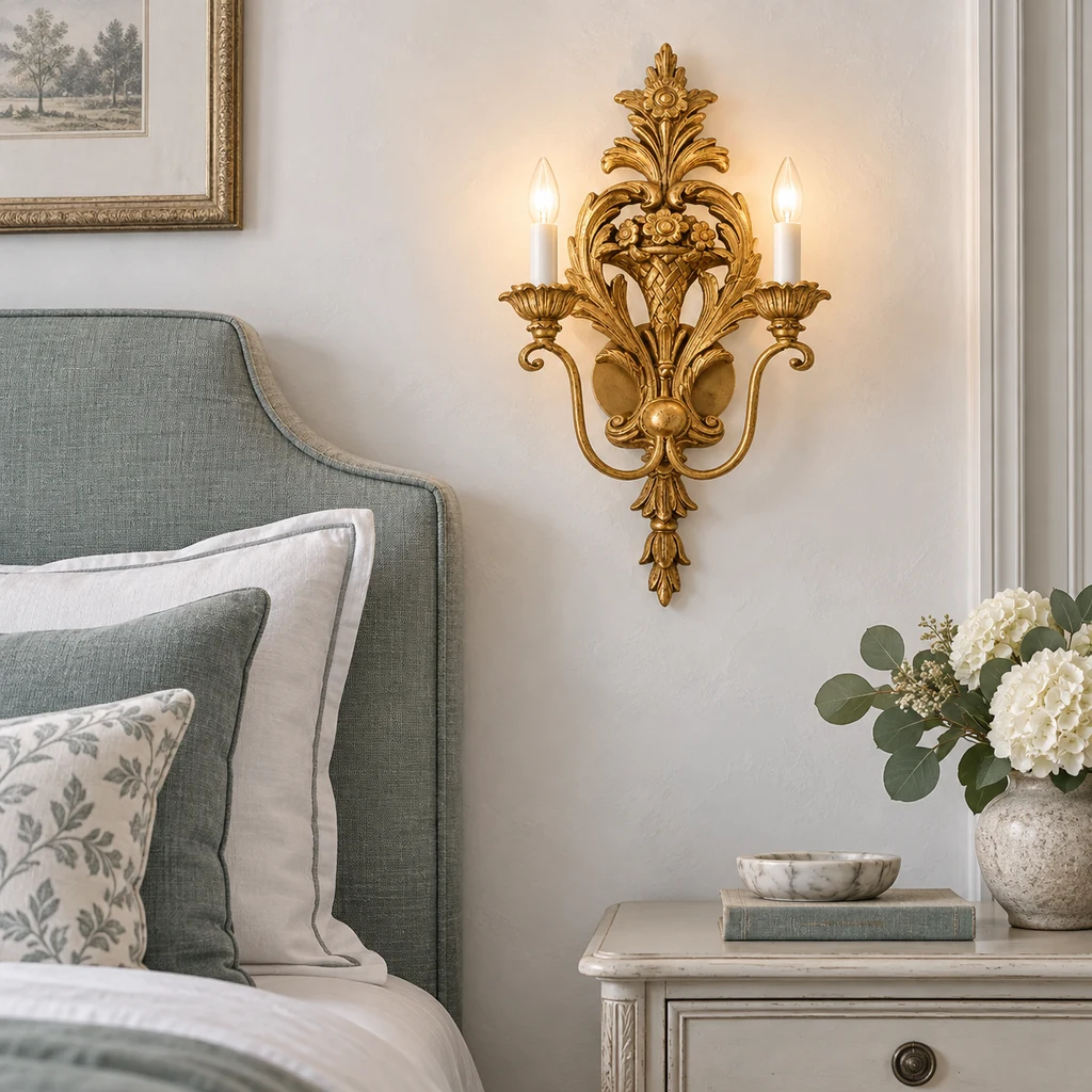 Amelie wall sconce in a bright bedside setting