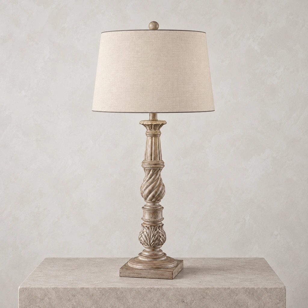 Elowen carved wood table lamp switched off in a neutral studio