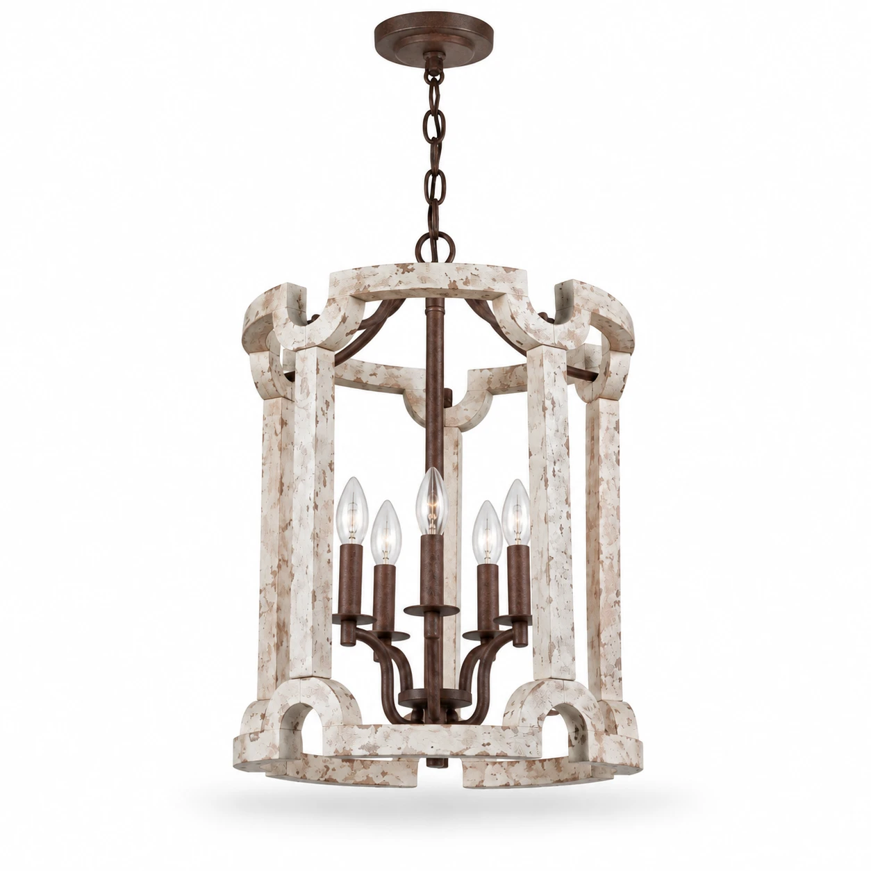 Three-quarter view of carved wood birdcage chandelier on white