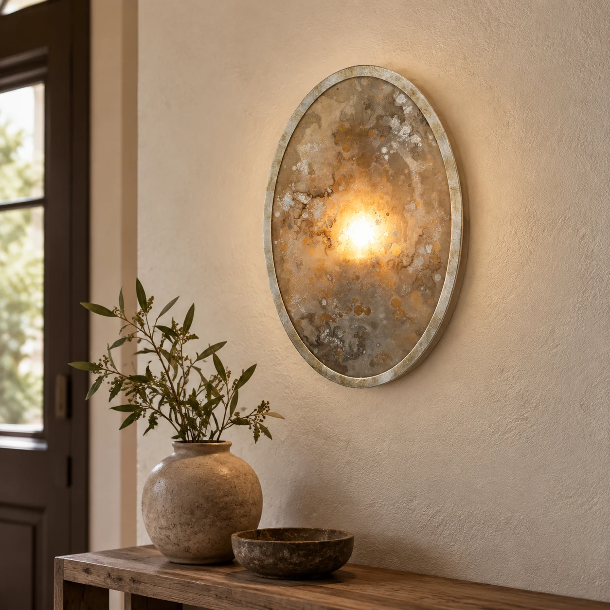 Clara French Vintage Antiqued Glass Iron Wall Sconce in a quiet French vintage entryway