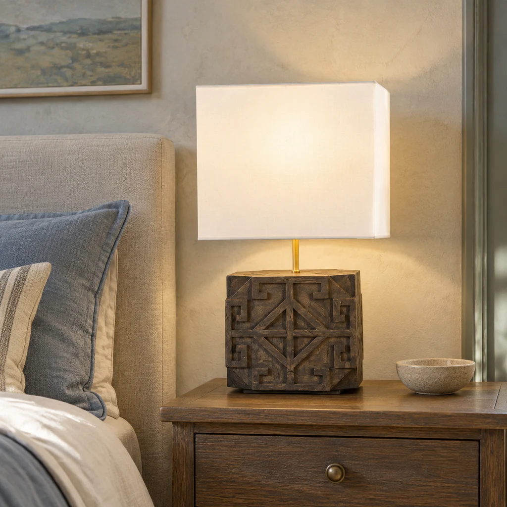 Aurelia table lamp beside blue-gray linen in a bedroom setting